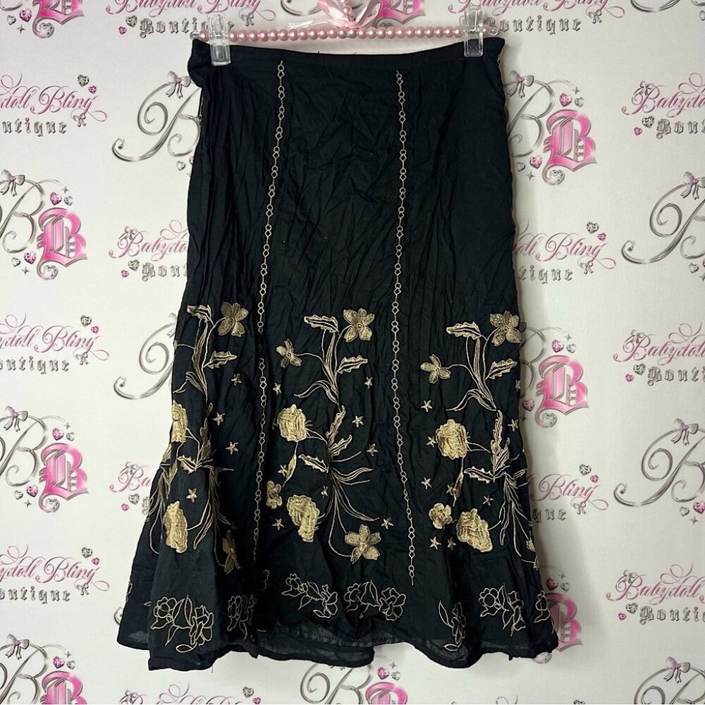 Jessica skirt embroidered tan floral flowers Black Skirt with Gold Floral Design